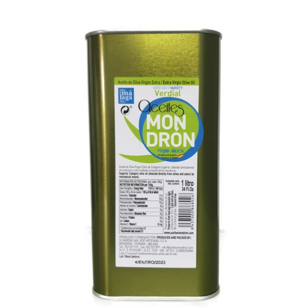 Aceites Mondrón verdial, lata 1 l. Caja 11 unidades