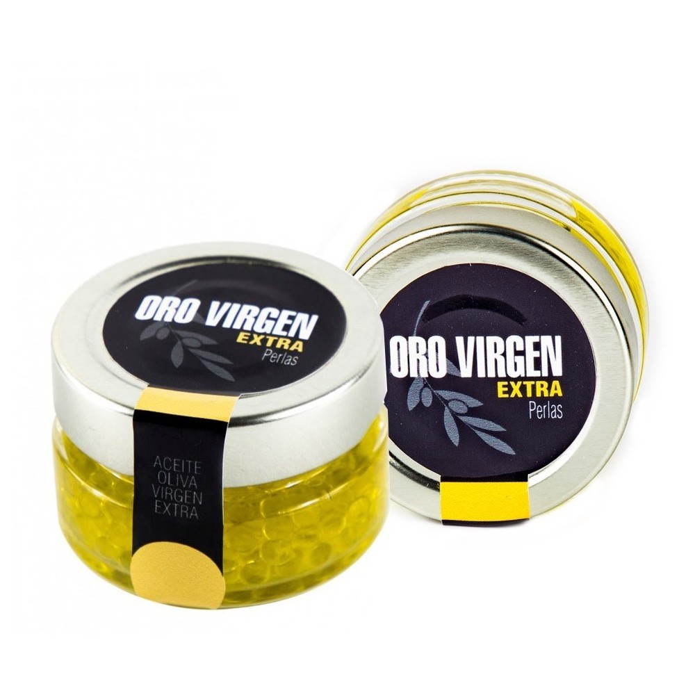 Oro Virgen Extra, EVOO pearls, jar 100 gr. Box 12 units