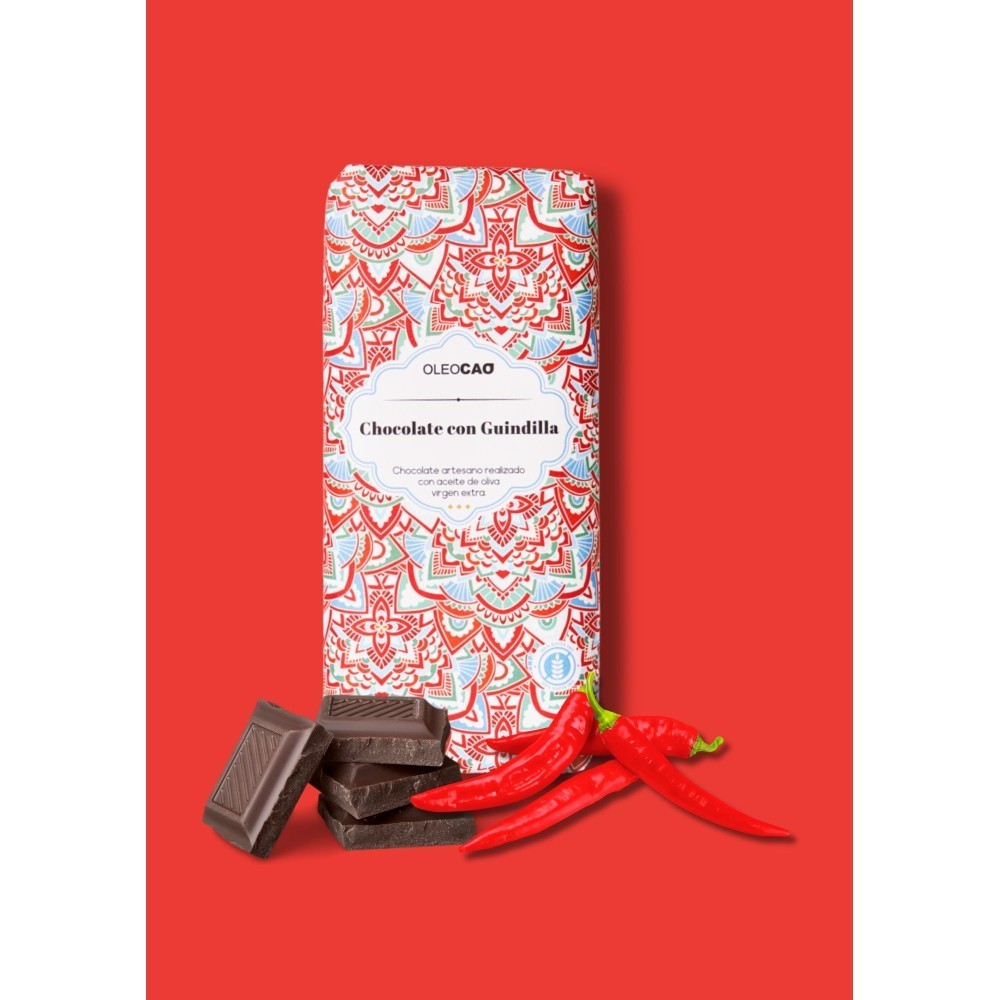 Artisan dark chocolate with EVOO and chilli, 115 gr. Box 3 units.