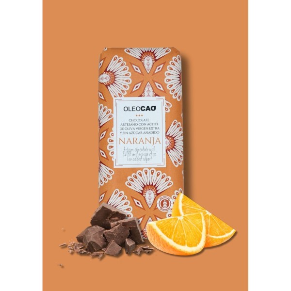 Chocolate negro artesano 70% sin azúcar con AOVE y virutas de naranja, 115 gr. Caja 3 unidades.