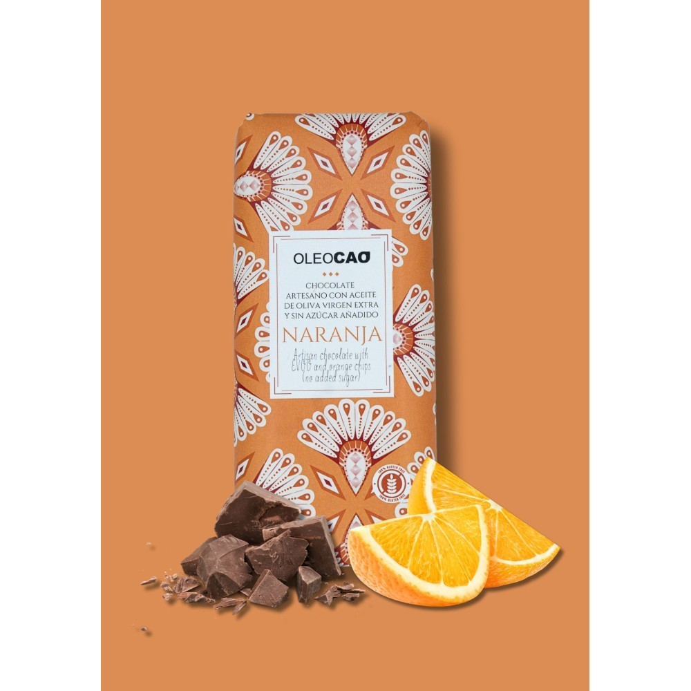 Chocolate negro artesano 70% sin azúcar con AOVE y virutas de naranja, 115 gr. Caja 3 unidades.