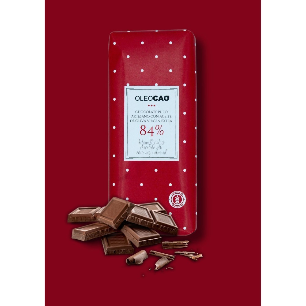 Chocolate negro artesano 84% cacao con AOVE, 115 gr. Caja 3 unidades.