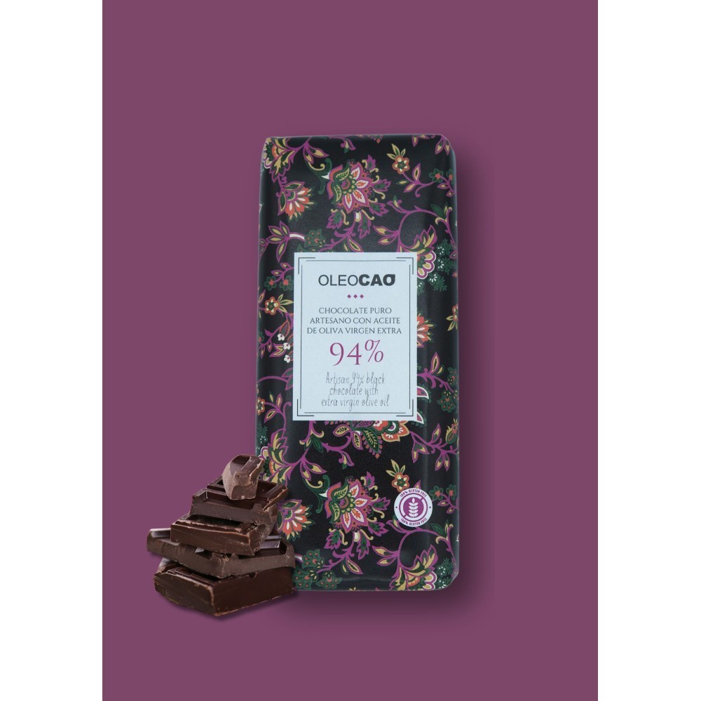 Artisan dark chocolate 94% cocoa sugar-free with EVOO, 115 gr. Box 3 units.