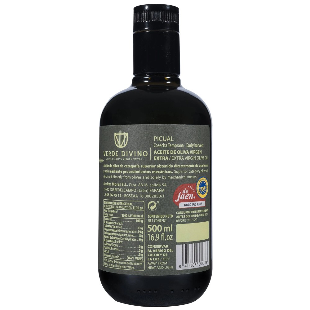 Verde Divino, Cosecha Temprana Picual 500 ml. Caja 6 unidades.