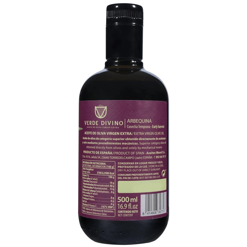 Verde Divino, Cosecha Temprana Arbequina 500 ml. Caja 6 unidades.
