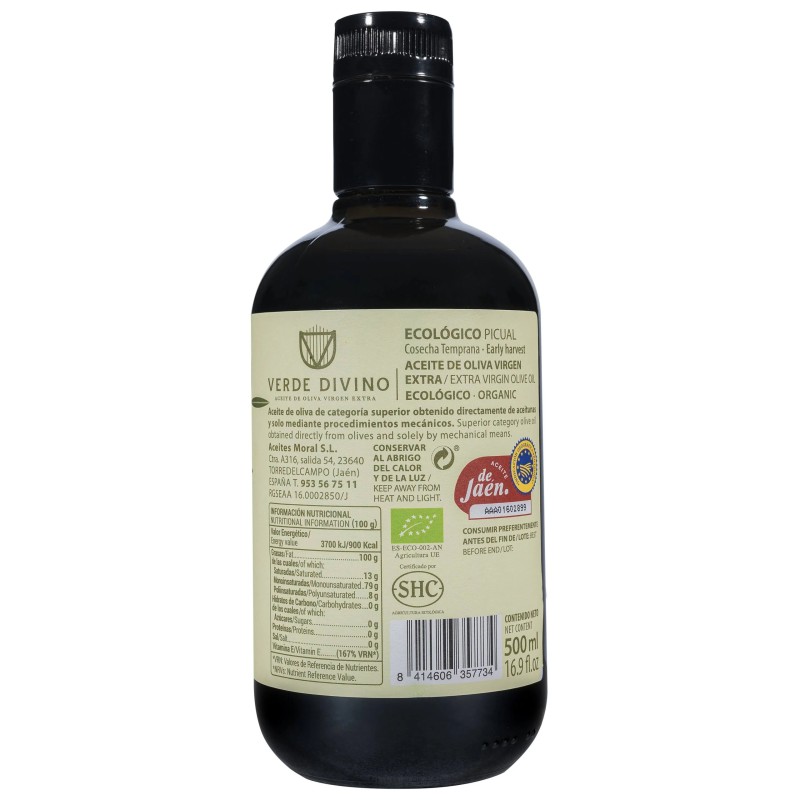 Verde Divino, Cosecha Temprana Ecológico-Picual 500 ml. Caja 6 unidades.