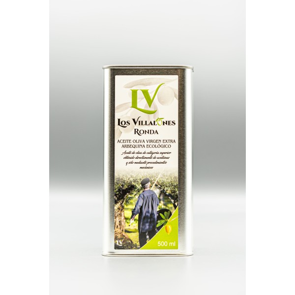 Los Villalones Arbequina ecológico, lata 500 ml. Caja 6 unidades | Oliva del Sur