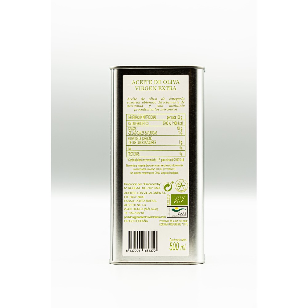 Los Villalones Arbequina Bio, Dose 500 ml. Karton mit 6 Einheiten | Oliva del Sur