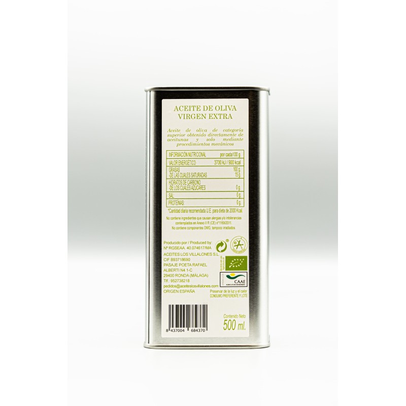 Los Villalones Arbequina bio, bidon 500 ml. Carton de 6 unités | Oliva del Sur